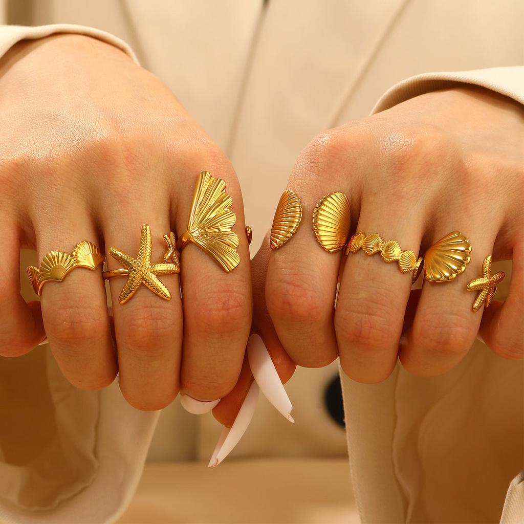 6Pcs High Quality Ocean Starfish Conch Shell Ring Set for Women New Trend Open Finger Rings Stainless Steel Jewelry Party Gift