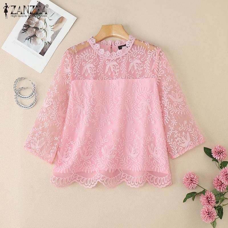 ZANZEA Damska letnia codzienna bluzka z rękawem 3/4, z haftowanym koronkowym patchworkiem