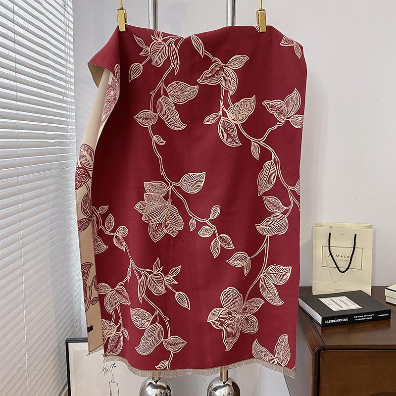 

Имитация кашемира Двусторонний контрастный цвет Универсальный Растительный принт Двусторонний Теплый шарф Шаль Верхняя одежда Женская 185cm красный