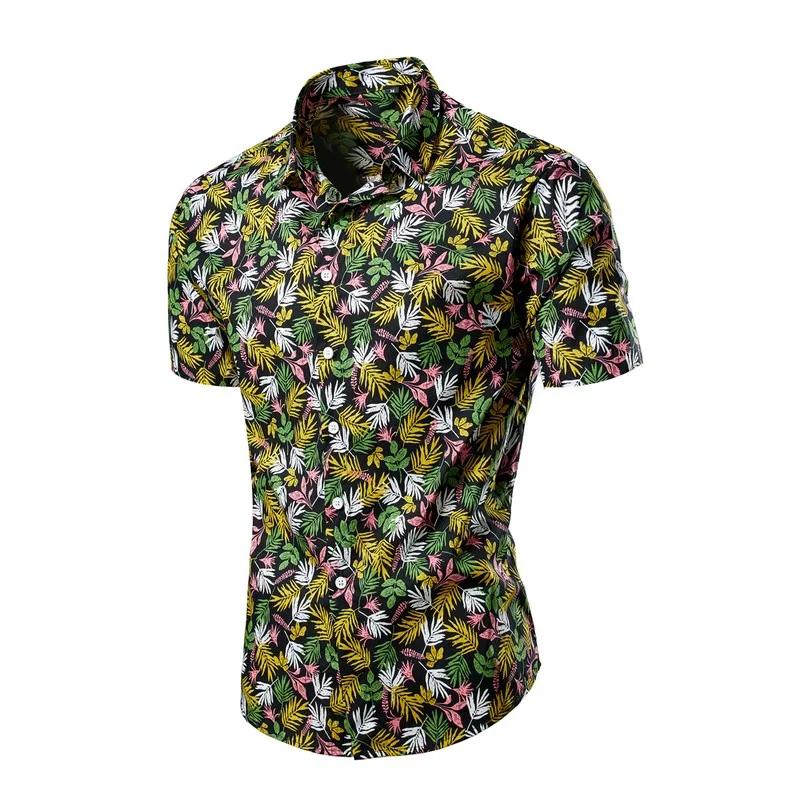 Green Men's Printed Short Sleeve Shirt, Summer Beach Casual Shirts, Single Breasted Lapel Camisa Chemise