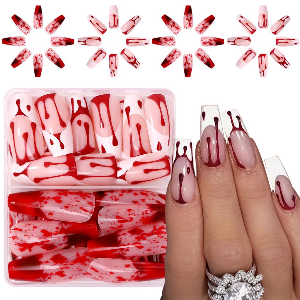Halloween Fake Nails Stickers 48pcs Creepys Blood Drip Patterns Selfs Adhesive Nail Art For Women Party Costume Makeup
