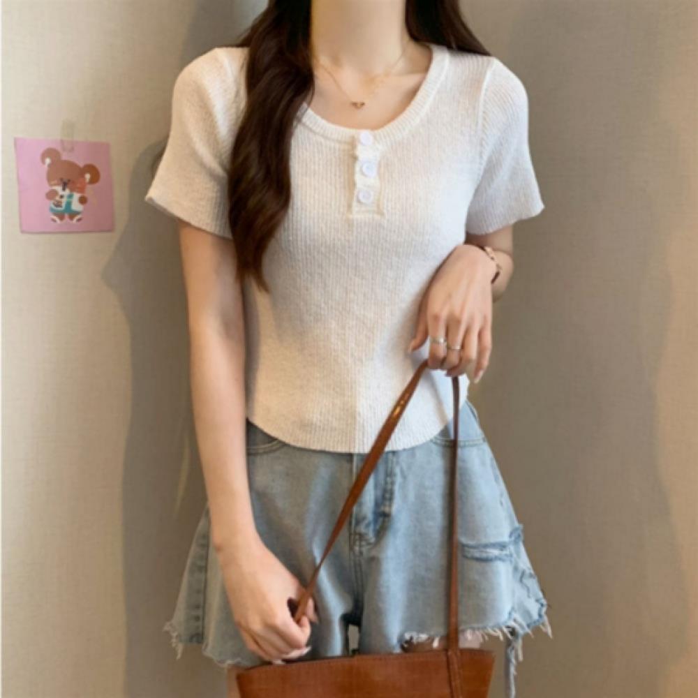 New Arrivals Open Run Women Basic Round Neck Button Short Sleeve Knit Rib