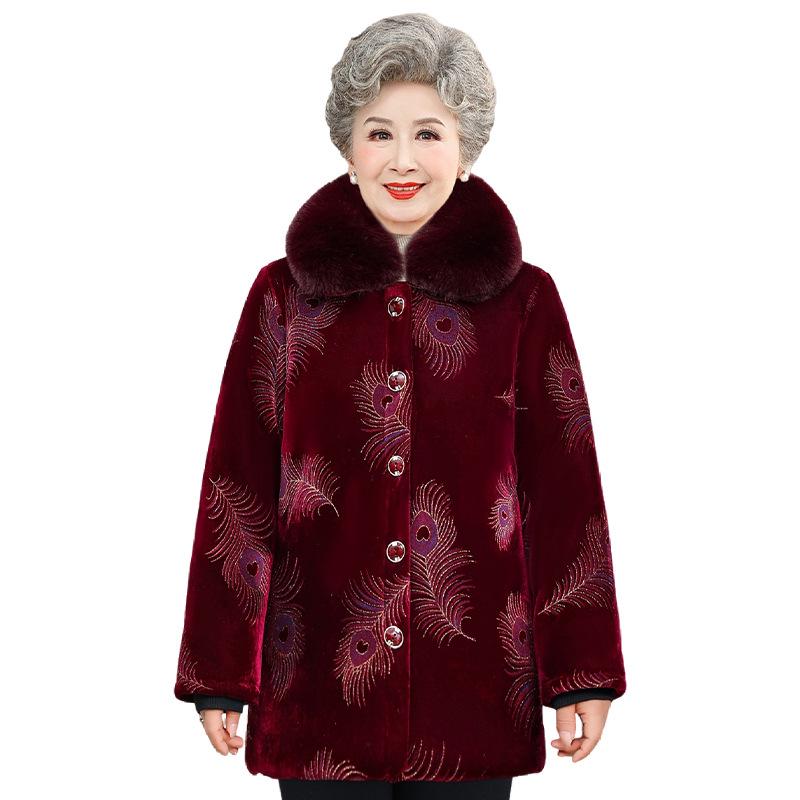 Women's Winter Warm Mid-Length Cotton Jacket for Middle-Aged and Elderly with Thick Velvet Lining