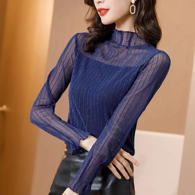 Half Turtleneck Bottoming Shirt Women's Long-sleeved Spring Women's Bright Silk Inner Mesh T-shirt Top