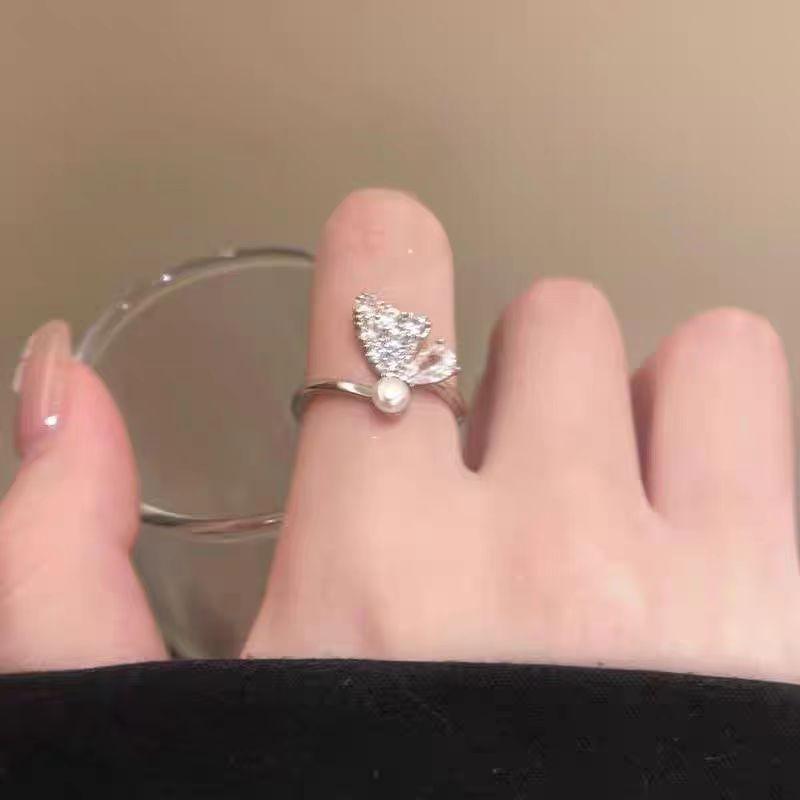 Butterfly zircon pearl ring female index finger ring unique design opening adjustable ring