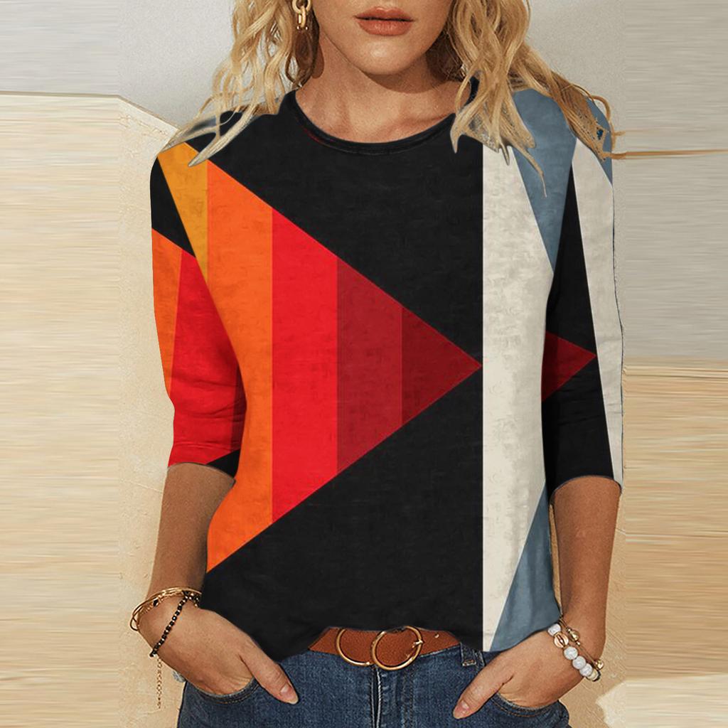 Umělecký geometrický vzor potištěný top Módní kontrastní barva Personalizovaný kulatý výstřih Dámská trička s dlouhým rukávem