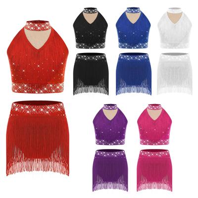 Mädchen Glitzernde Pailletten Tanzset Stehkragen Tanktop Fransenunterteil für Bühnenauftritt Jazz Ballett Shows