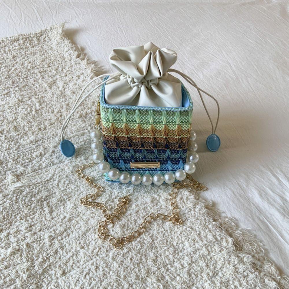 Bohemian Straw Shoulder Bag Elegant Women's Crossbody Bag Evening Purse Pearls Straw Handbag  Beach