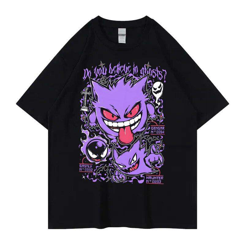 Pokémon Gengar Printing Tee Pure Cotton Tshirt Mens 2026 Summer Fashion Oversize Street Casual Y2K Tops Streetwear Clothing