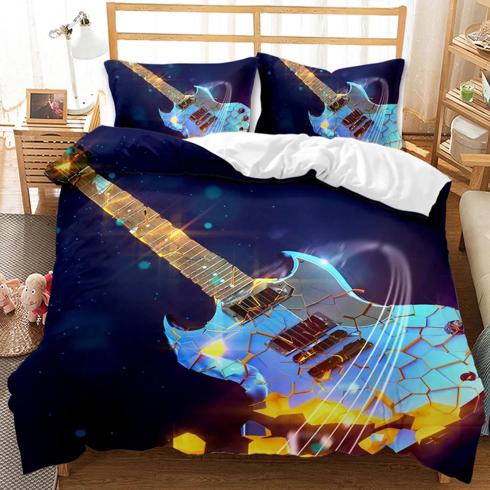 Guitar Duvet Cover Set Twin Rock Music Comforter Cover Set Hip Hop Hippie Quilt Cover Blue Guitar Polyester Bedding Set For Teen