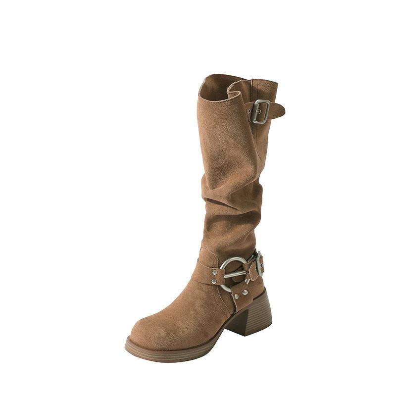 New spot thick leg suede pleated piled boots women's 2025 summer new metal buckle western boots thick heel long