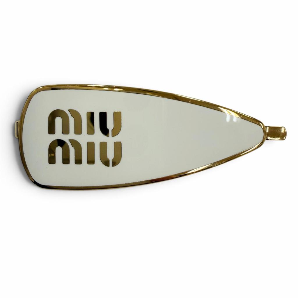 Great MIUMIU Hairpin Enamel Metal Hair Clip Logo Hair Accessories White 5IF147 Used