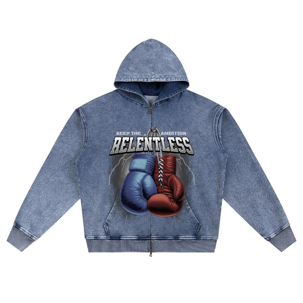 DTG print Knitted Denim Zip-Up Hoodie Relentless Brother Print Zipper Hoodies