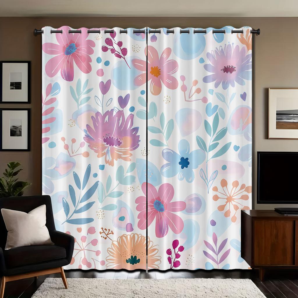 Set Of 2 Colorful Spring Flowers Perforated Curtains Multi Size Living Room Home Insulation Decoration Easy Installation Darkening Made Polyester