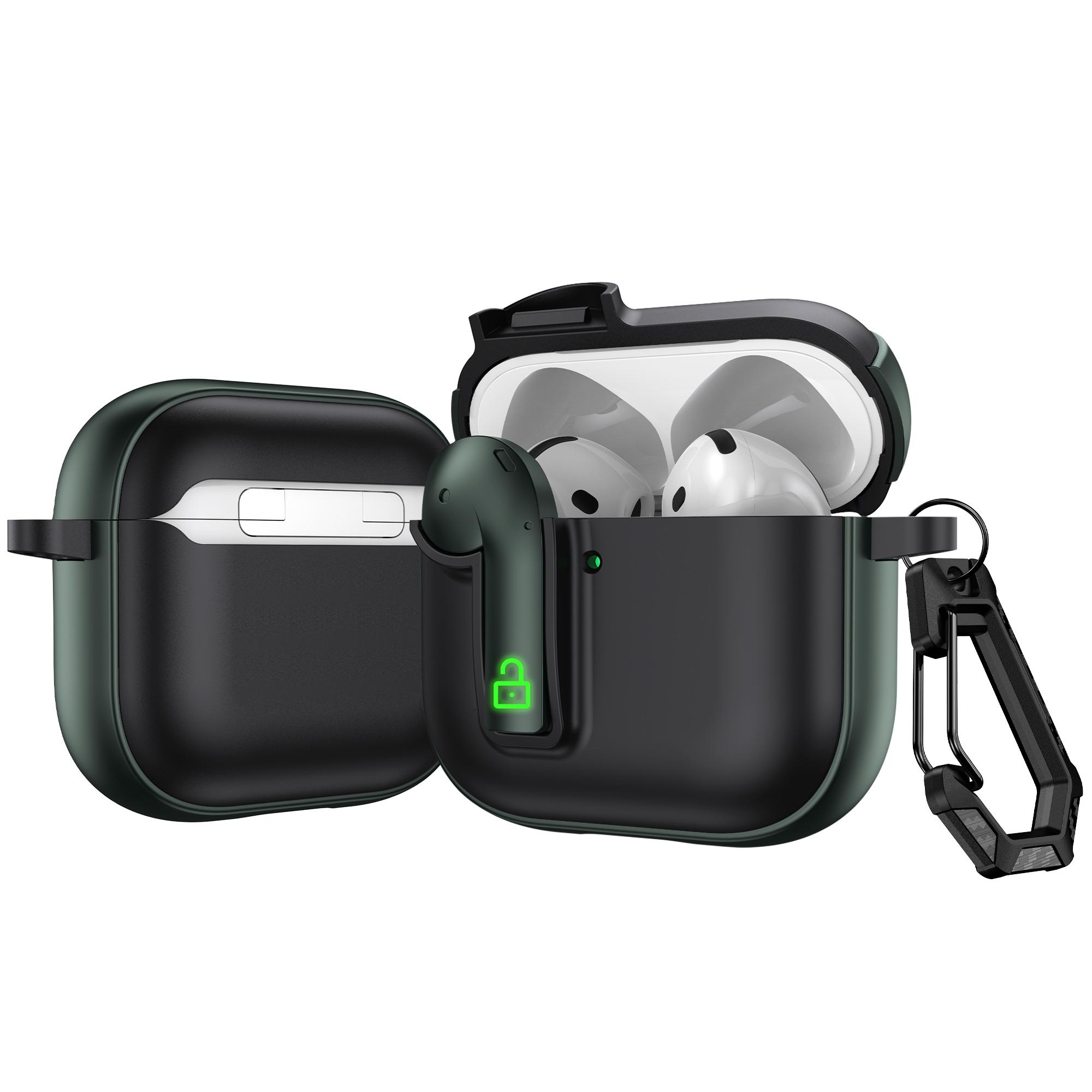 

For AirPods 4 Case Colorful Lock Buckle Shockproof TPU + PC Earphone Cover with Carabiner Black/Army Green