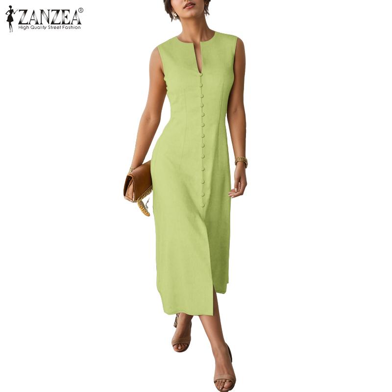 

ZANZEA Women Summer Casual Round Neck Sleeveless Plain Dress хаки