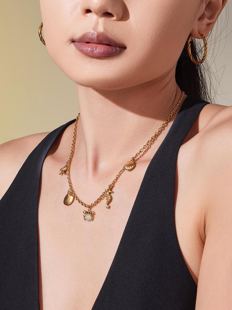 Oumeka Ocean Stainless Steel Zircon Crab Seashell Necklace & Bracelet Set