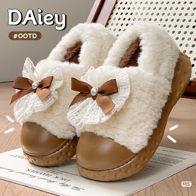 Winter neu Spitze Schleife Samt verdickt warm Baumwolle Hausschuh Baumwollpantoffeln