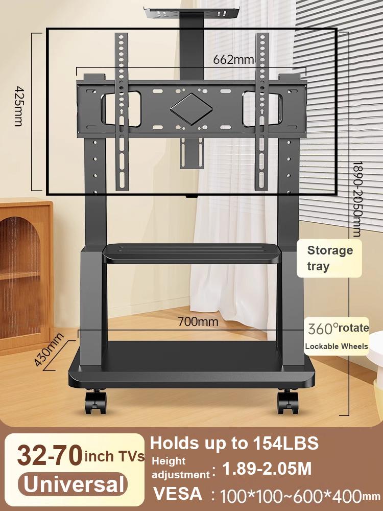 Mobile TV Stand, Tilt Rolling TV Cart with Media Shelf and Locking Wheels, Fits 32-70” TVs, Holds Up to 154lbs,Max VESA 600x400m