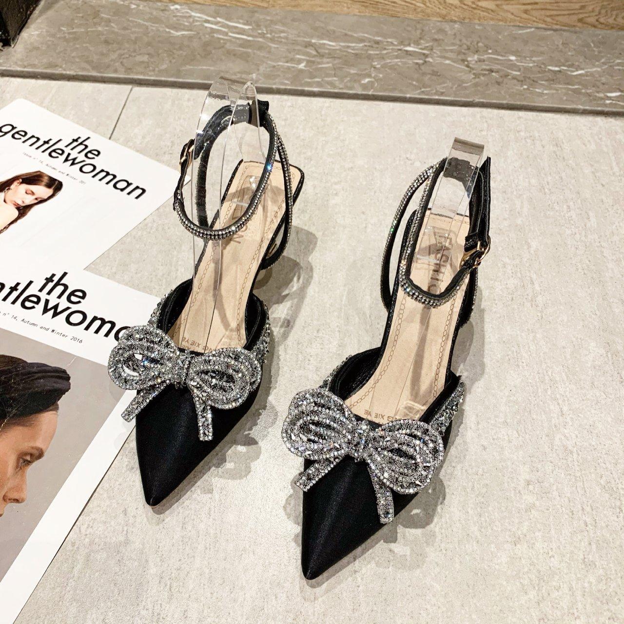 

Fashion 2025 Summer New Women s Fashion Pointed Stiletto High Heels Elegant Bow One Button Sandals Comfortable Black zapatos de mujer 34 чёрный