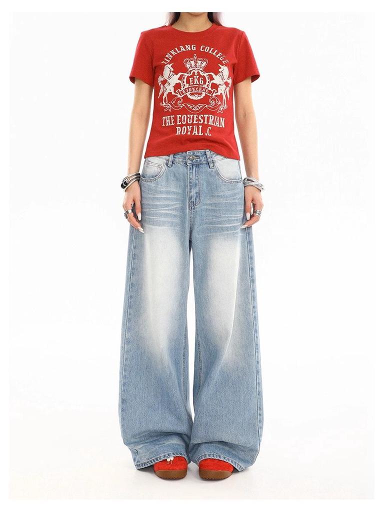 Jeans de Verano para Mujer Azul Medio Lavado Retro Desgastado Pierna Recta Pierna Ancha