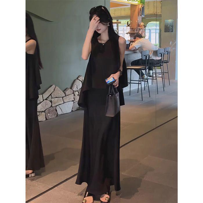 High-Waisted Elegant Acetate Skirt Suit - 2026 Summer Loose Sleeveless Two-Piece Set
