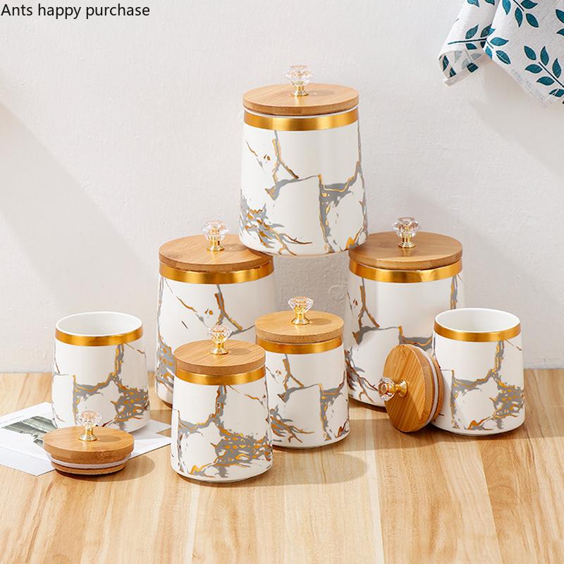 Ceramic Storage Jar 7 Piece Set Airtight Jar with Wooden Lid Storage Tank Food Storage Box Tea Caddy Spice Jars Kitchen Storage