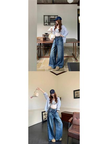 American Retro Wide-Leg Jeans for Women - Plus Size, Korean Style, Loose Fit, Floor-Length Pants for Autumn and Winter