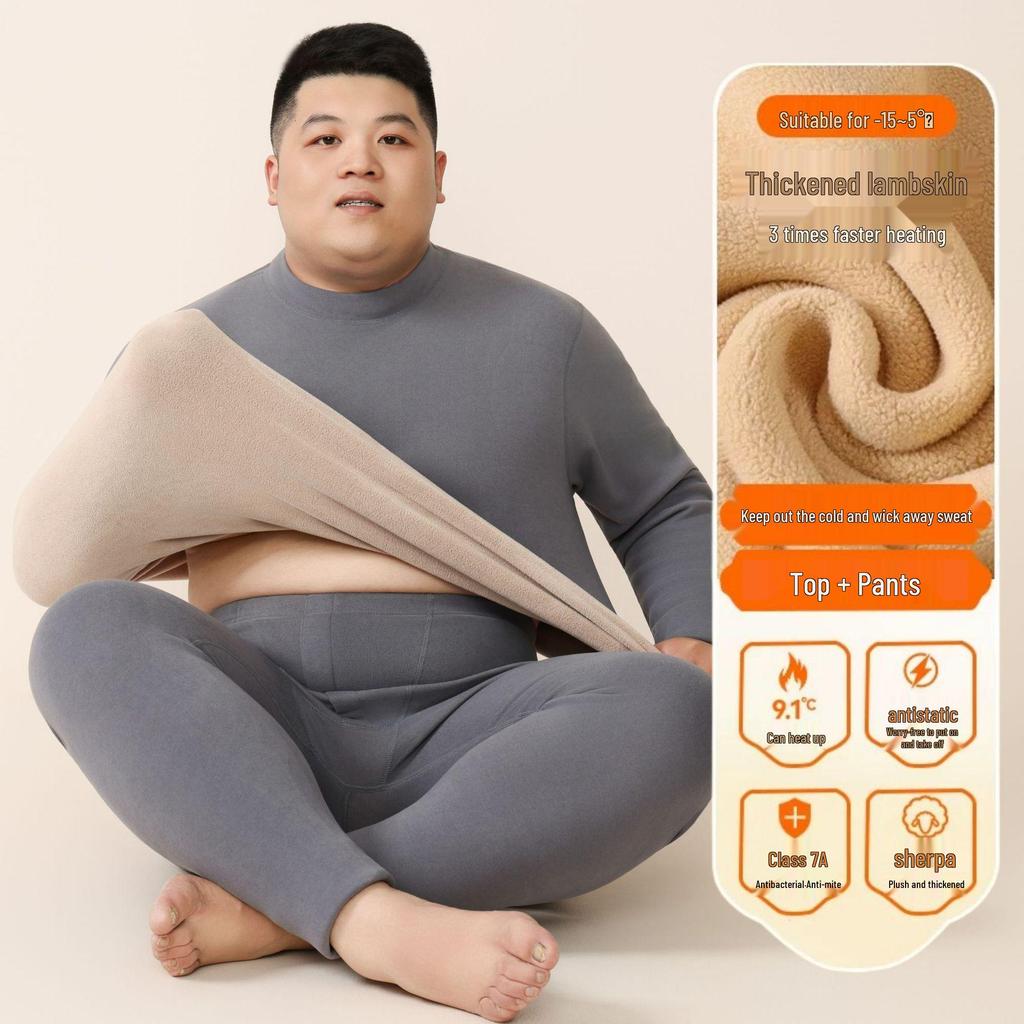 Unisex Plus Size Thermal Underwear Set with Thickened Velvet and Lambskin, Round Neck, for Autumn and Winter