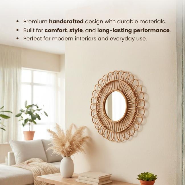 Handmade Premium Decorative Rattan Round Mirror Frame Beige