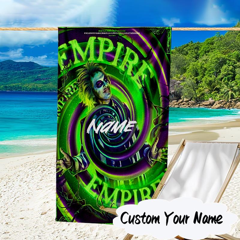 Custom Name Beetlejuice Horror Microfiber Beach Towel Super Soft & Absorbent for Bath, Beach, Travel Bath Time Accessory, Fan Gifts