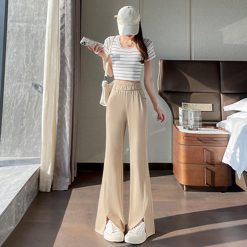 

Весенне-летние новые женские брюки из ледяного шелка с прохладной драпировкой и разрезом, слегка расклешенные, со свободной и облегающей талией, повседневные брюки длиной девять дюймов для миниатюрных фигур XL хаки