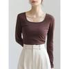 Women's Square Neck Long Sleeve T-Shirt Slim Fit Solid Cotton Casual Basic Undershirt Autumn Commuter Top