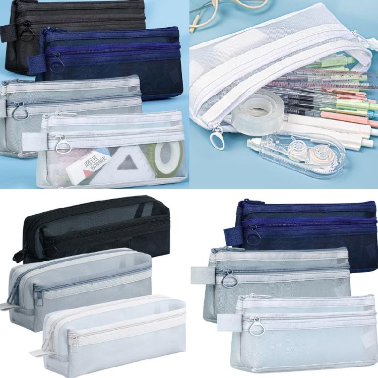 High Capacity Pen Bag Clear Mesh Pencil Case Double Layered Pen Organizers Art Supplies Organizers Travel Cosmetic Bag