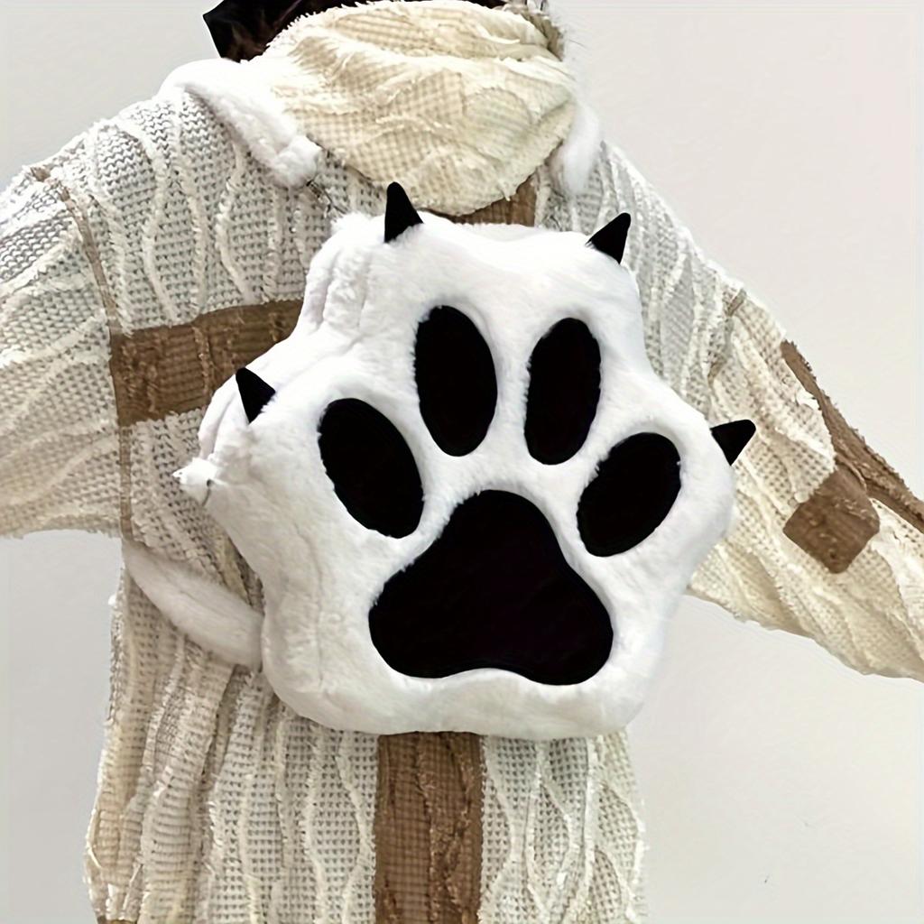 Cartoon Puppy Paw-Shaped Plush Large-Capacity Backpack,Featuring A Zip Closure Design,Stylish Faux Fur Leather Bag,Creative Trendy School Backpack