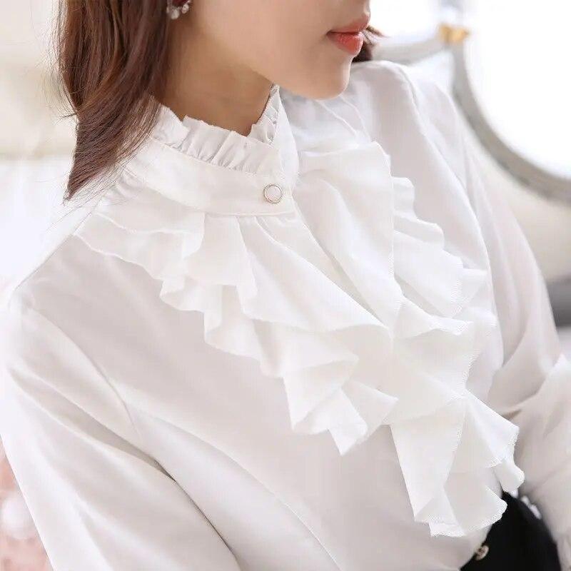 Spring Autumn New Stand Collar Ruffle Long Sleeve Blouse Women's Korean Professional Bottoming Shirt Solid Color Chiffon Shirt