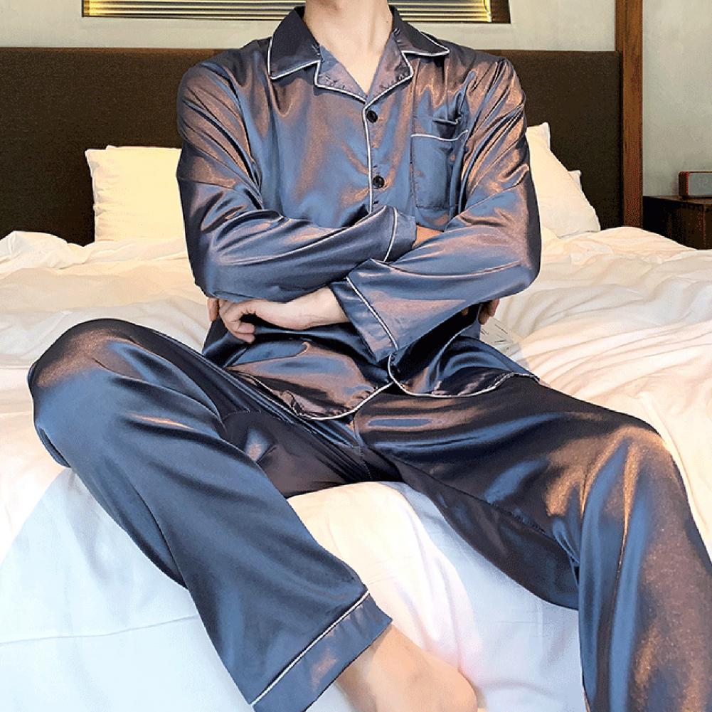 2 stk/sett Herre Sommer Pyjamassett Revers Langermet Skjorte Elastisk Midje Lommer Vide Ben Bukser Sett Ensfarget Enkeltspent Slee