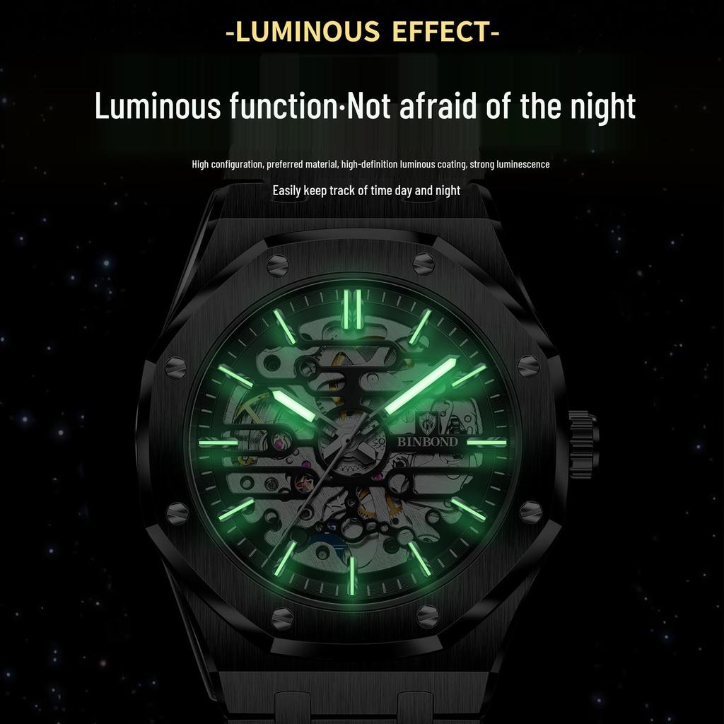 Binbang Men's Automatic Waterproof Skeleton Mechanical Watch - High-End Alloy Design