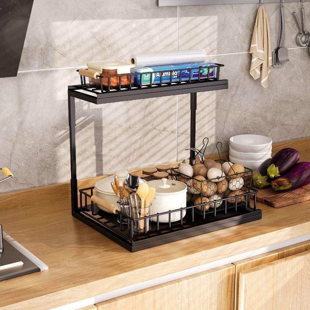 Carbon Steel 2-Tier Under Sink Organizer Rustproof Slide Out Cabinet Storage Shelf for Kitchen