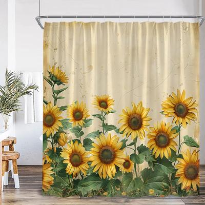Rideaux de Douche Tournesol Rustique Jaune Floral Plante Art Vintage Moderne Tissu Polyester Décoration Maison Salle de Bain Rideau Avec Crochets