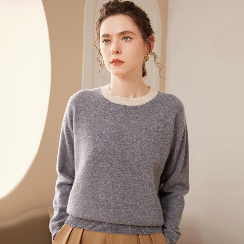 2024 A/W Women's Cashmere Knit Base Layer: Long Sleeve, Round Neck, Color Block, Warm, Comfortable Sweater