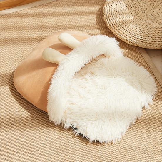 Katt Sovsäck Vinter Varm Husdjursbo Grottsäng Plyschfodrad Kattsäng med Kaninöron Halkfri Botten för Inomhus Kattungar Valpar