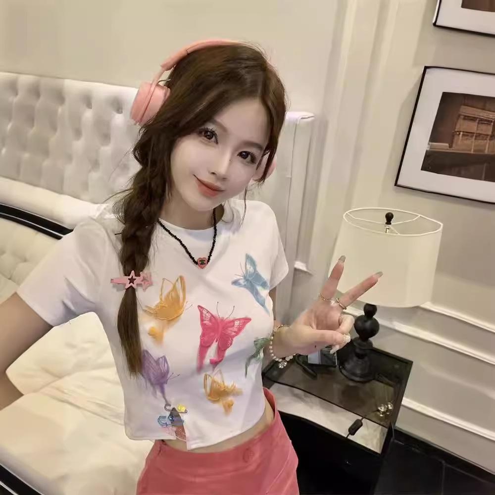 Summer new dopamine butterfly print short Spice Girl top design sense niche age-reducing short-sleeved T-shirt