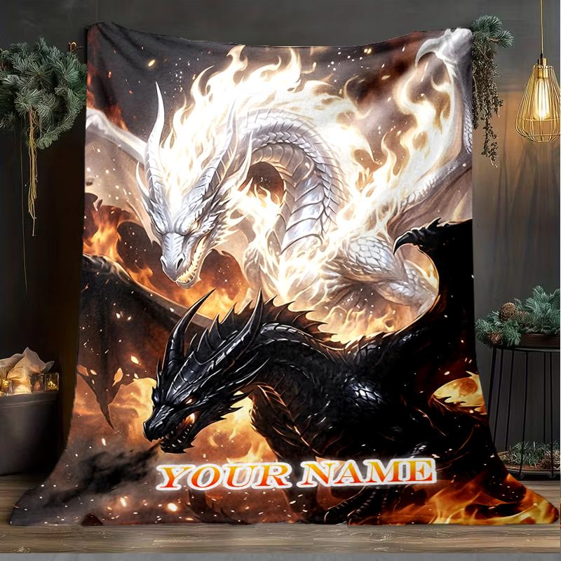 1PC Custom Name Dragons Flames flannel blanket versatile,all-season throw suitable for the living room,bedroom,camping,travel,and gift