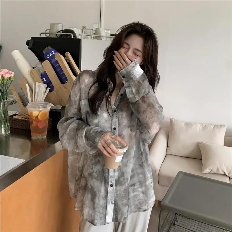 Women's Summer Breathable Loose-Fit Sun Protection Vintage Tie-Dye Shirt Elegant Slim-Fit Casual Korean-Style Minimalist Top