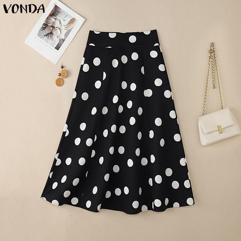 

VONDA Women Zip-up Waist Casual Polka Dots Print Swing Pleated Skirts 2XL