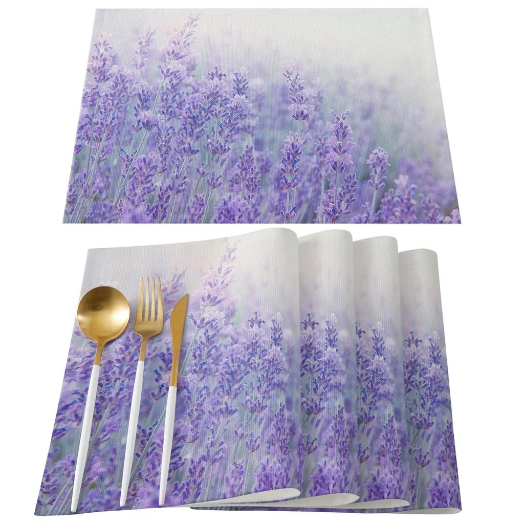 1PC Table Mats Purple Lavender Printed Linen   Kitchen Accessories Home Party Decorative Placemats