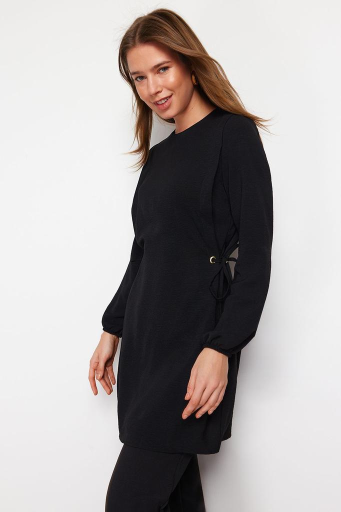 Women's Fashion Black Eyelet Tie Detailed Aerobin Tunic-Pants Set