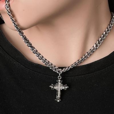 Splicing Diamond Cross Pendant Necklace Men's Hip Hop Versatile Couple Collarbone Chain Accessories