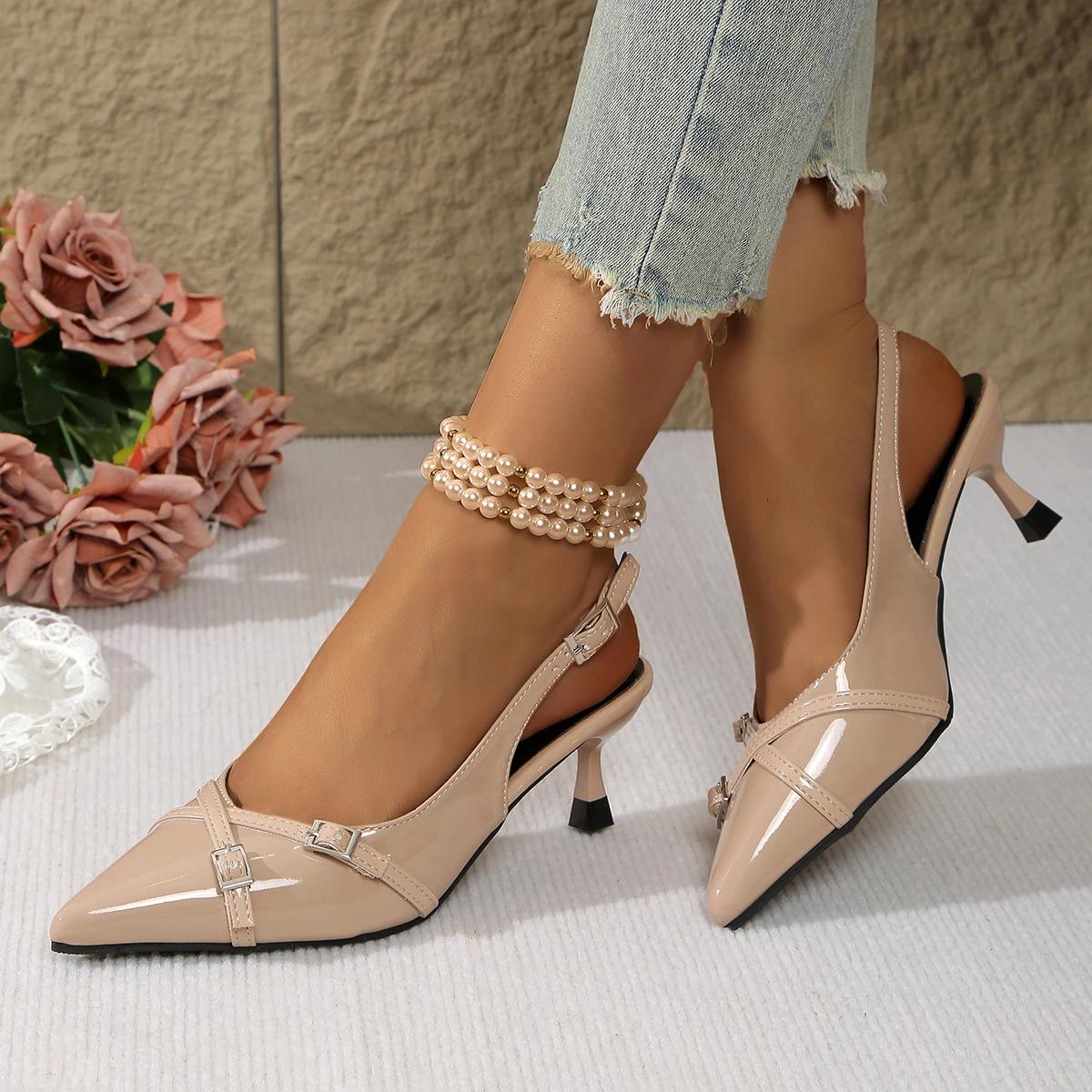 

Women Sandals New High-heeled Shoes Women Pointed Toe Shallow Mouth Sandals Summer Elegant Buckle Decorated Stiletto Women Shoes 35